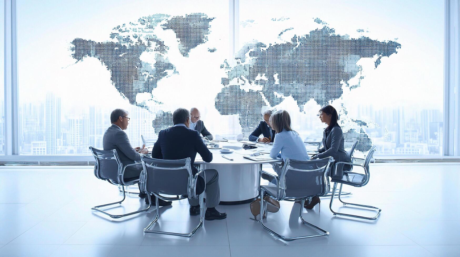 Business people sitting around a table with a world map on the wall photo