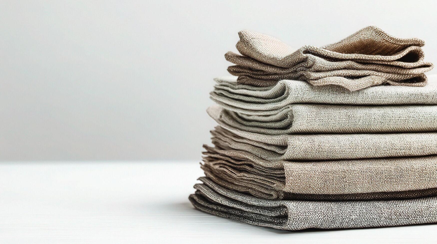 A stack of folded towels on a white table photo