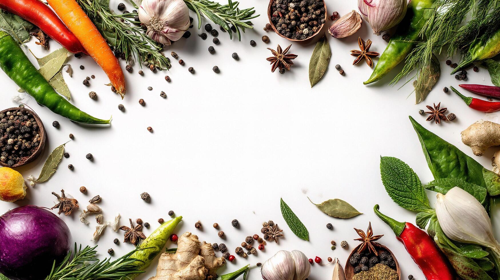 Various vegetables and spices arranged in a circle photo
