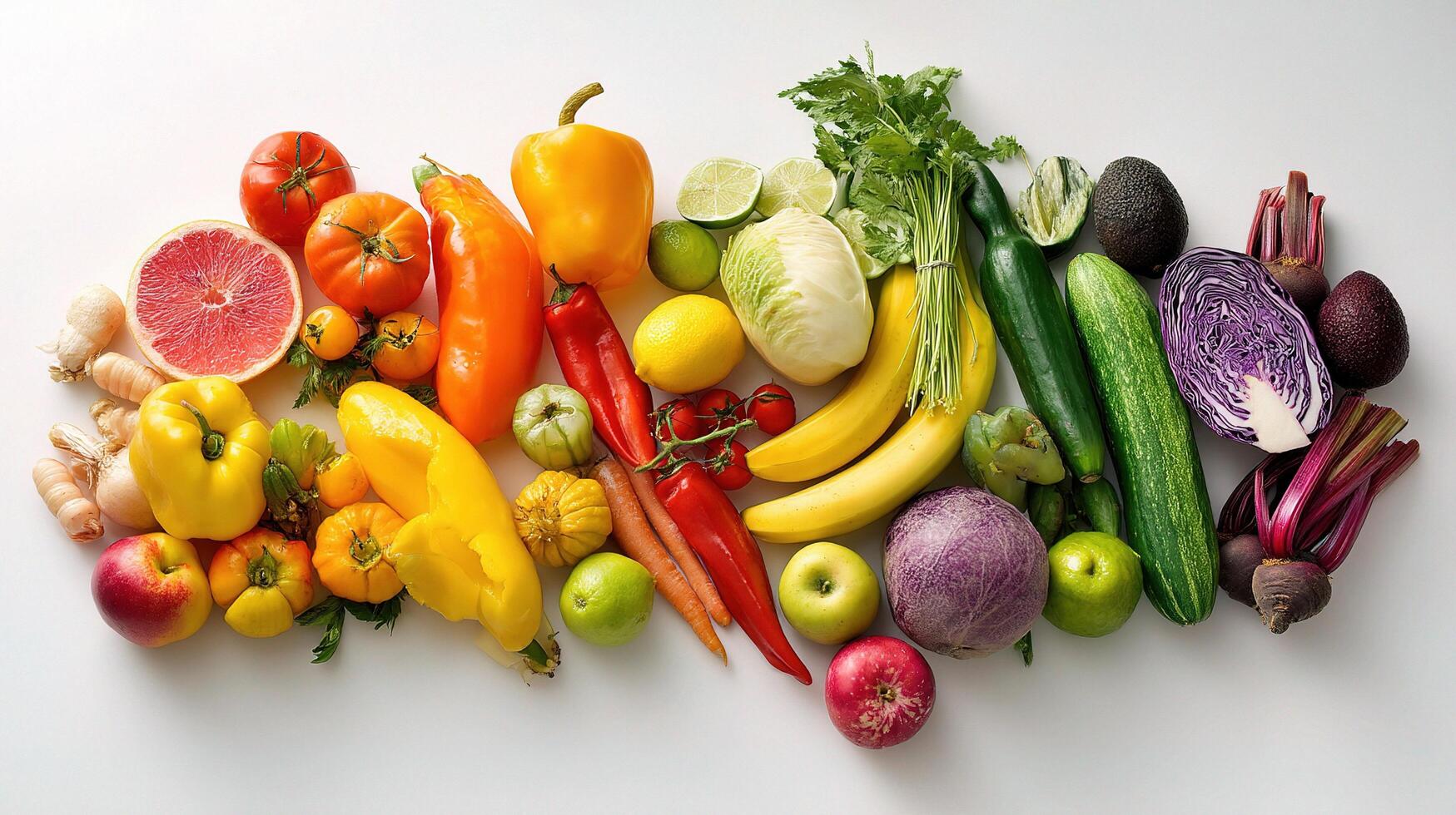 A variety of fruits and vegetables arranged in a heart shape photo