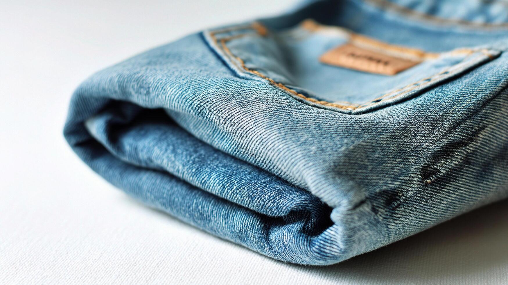 A folded pair of jeans on a white surface photo