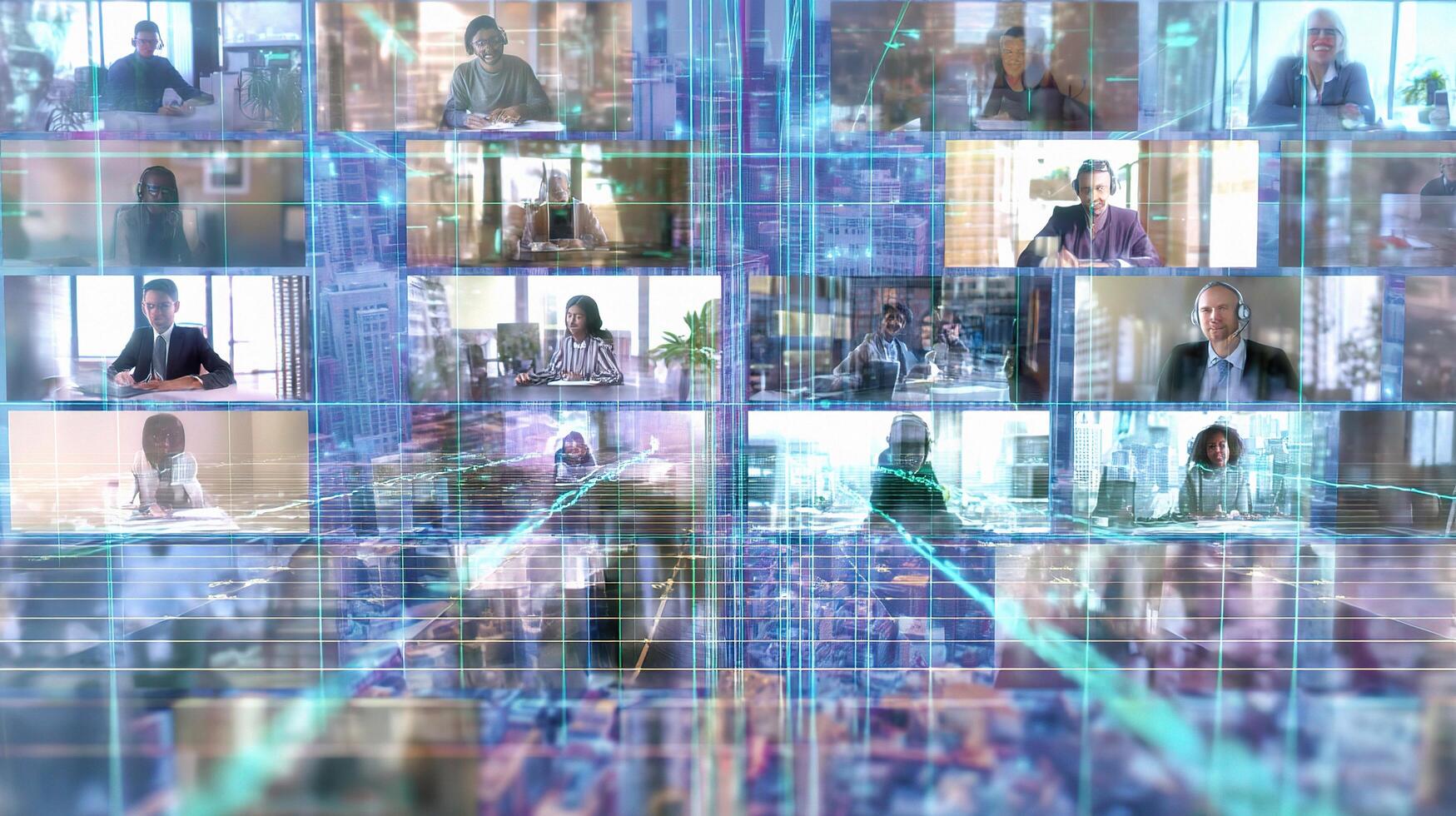 Business people in a conference room with many screens photo