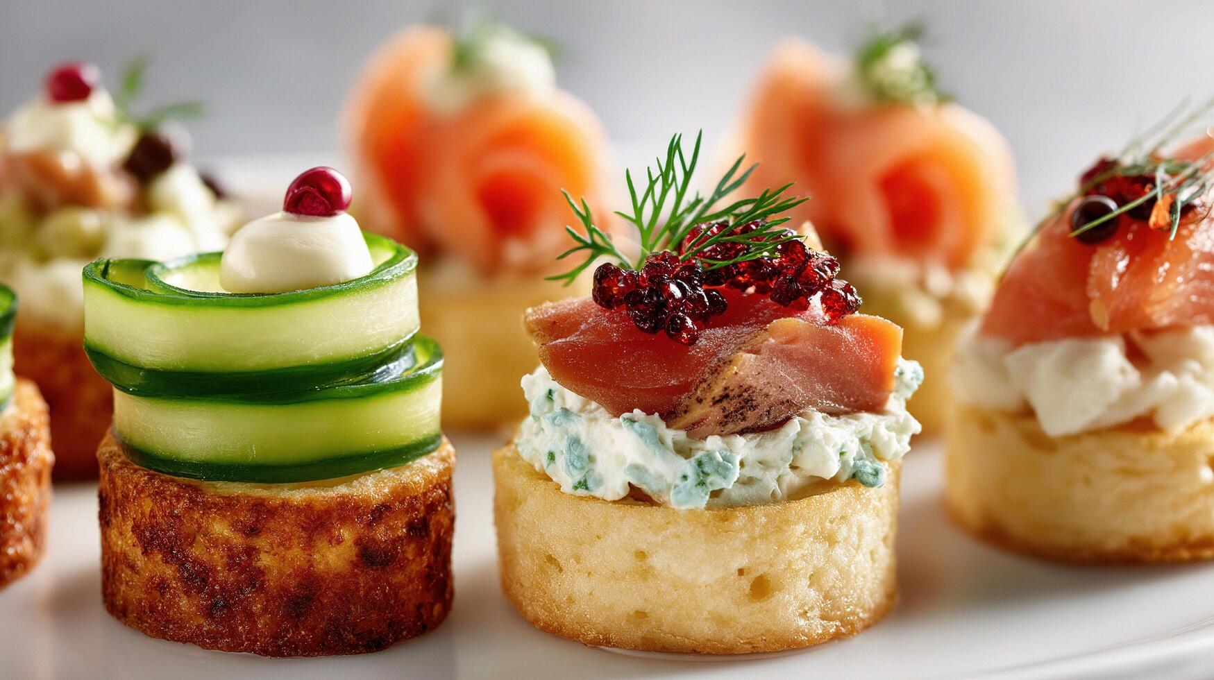 A plate of appetizers with cucumber, salmon, and other toppings photo