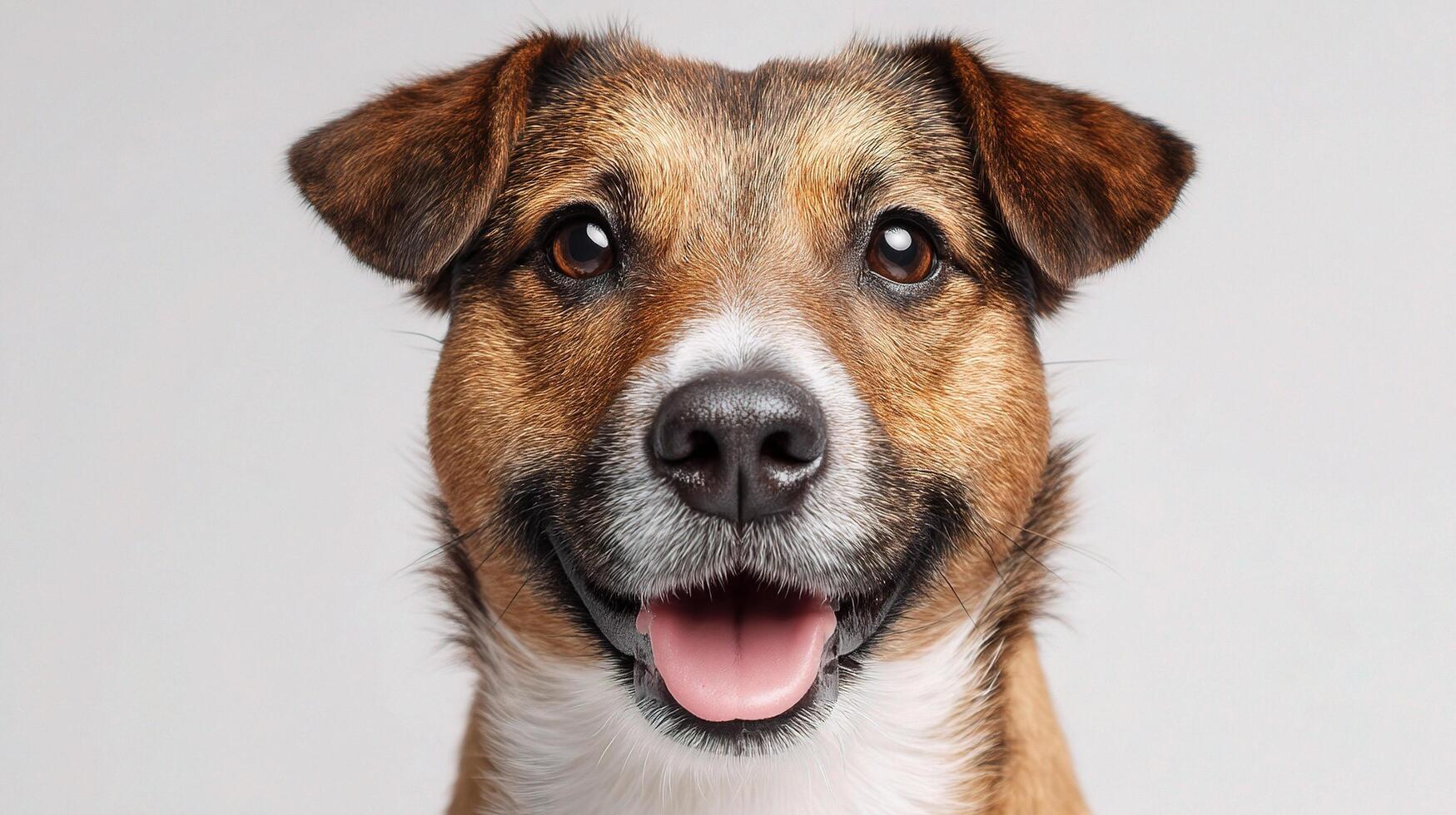 A dog is smiling and looking at the camera photo