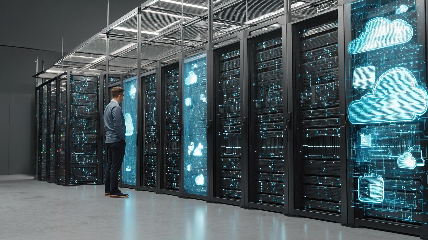 A man standing in front of a server room with clouds photo