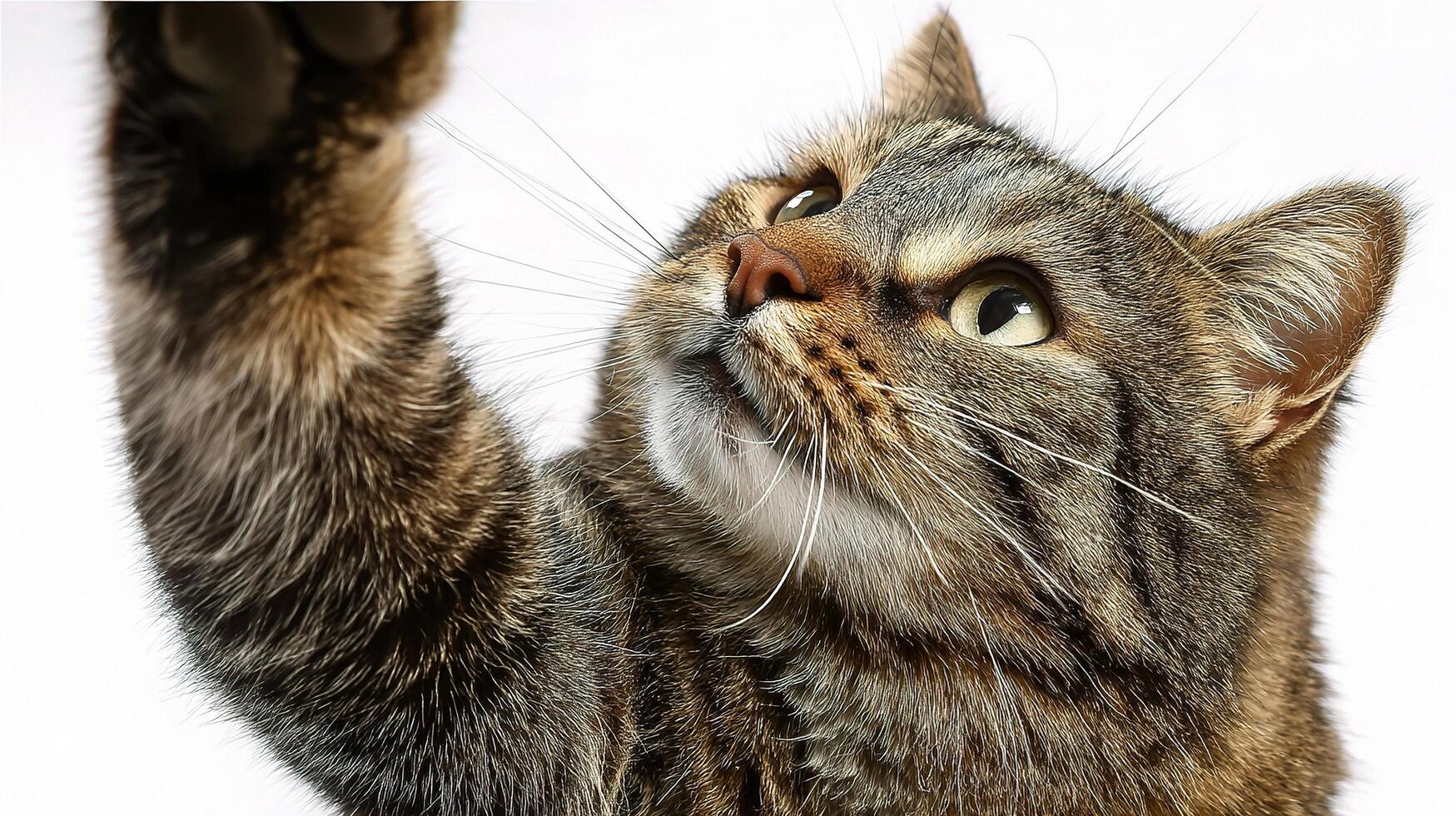 A cat reaching up to touch a white object photo