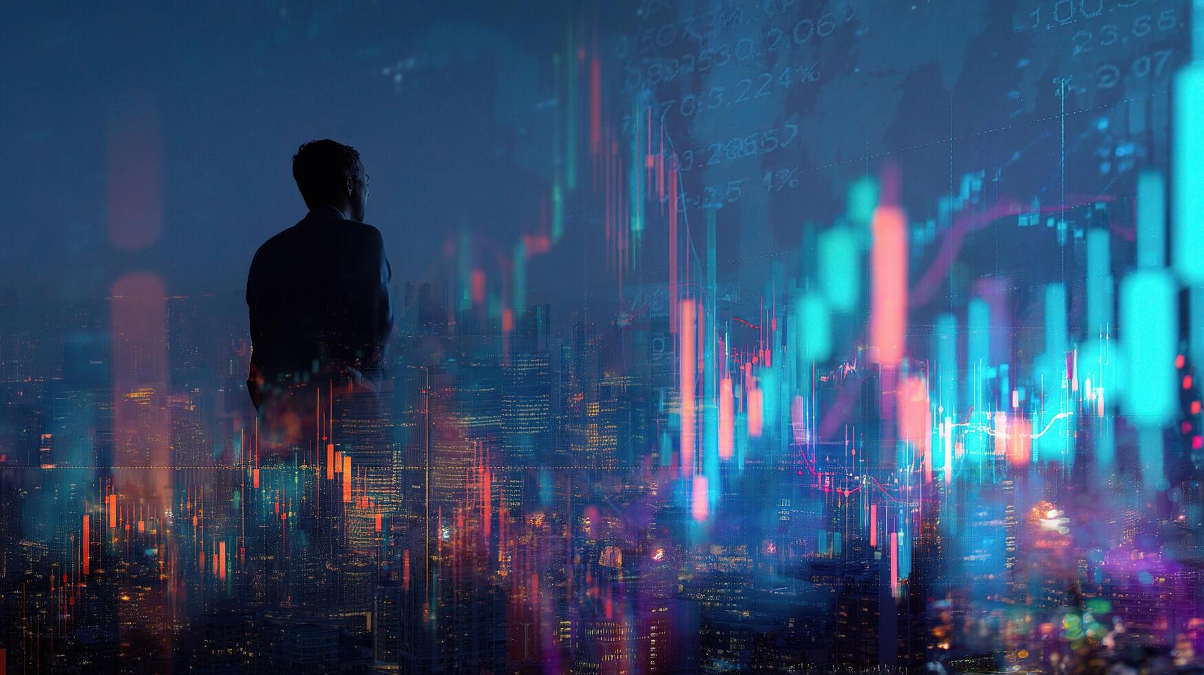 A man standing in front of a cityscape with a stock market chart photo
