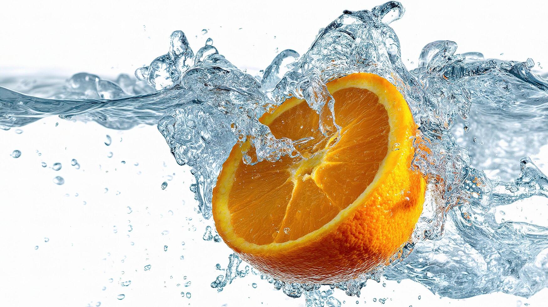 A slice of orange is being splashed with water photo