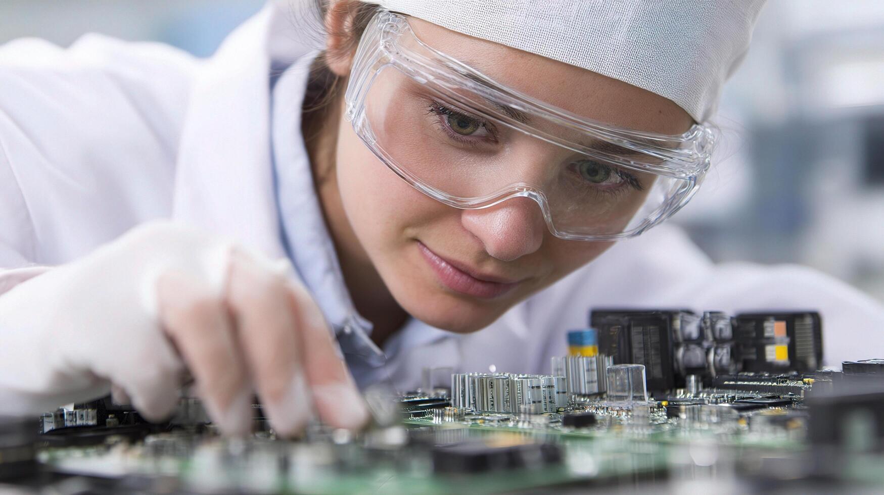 A woman in a lab coat working on a computer photo