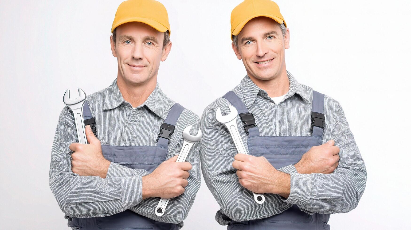 Two men in overalls holding wrenches photo