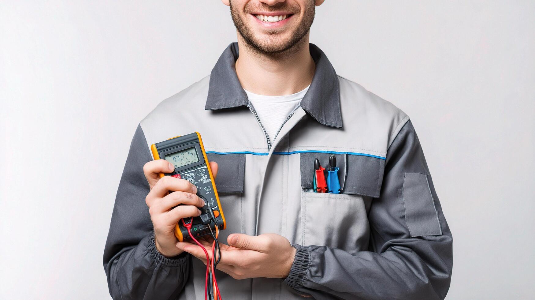 A man in a work uniform holding a multimeter photo