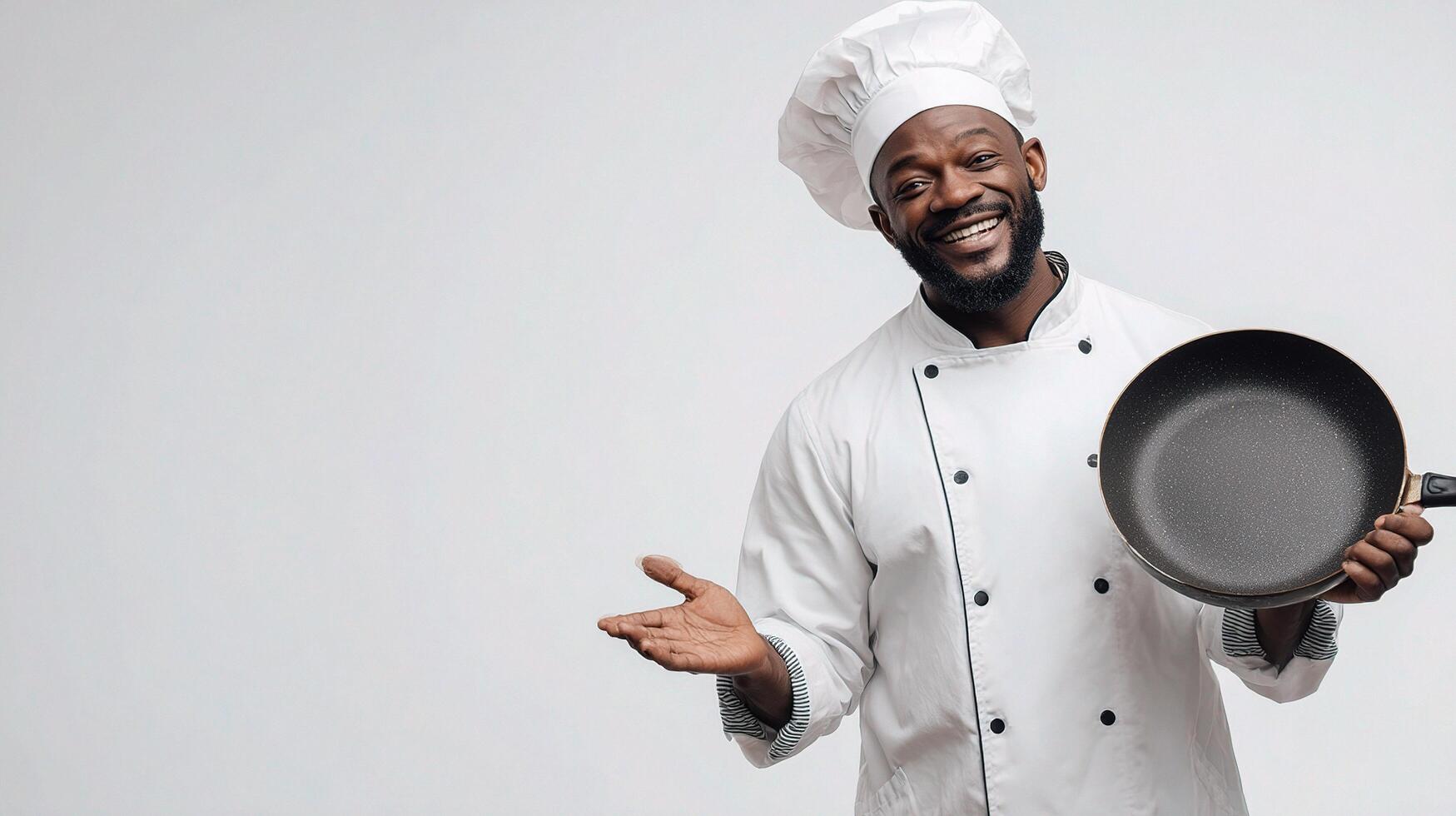 A smiling black man in a chef hat holding a pan photo