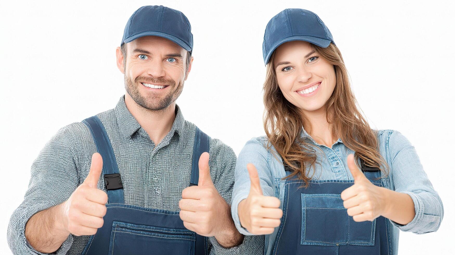 A man and woman in overalls giving thumbs up photo