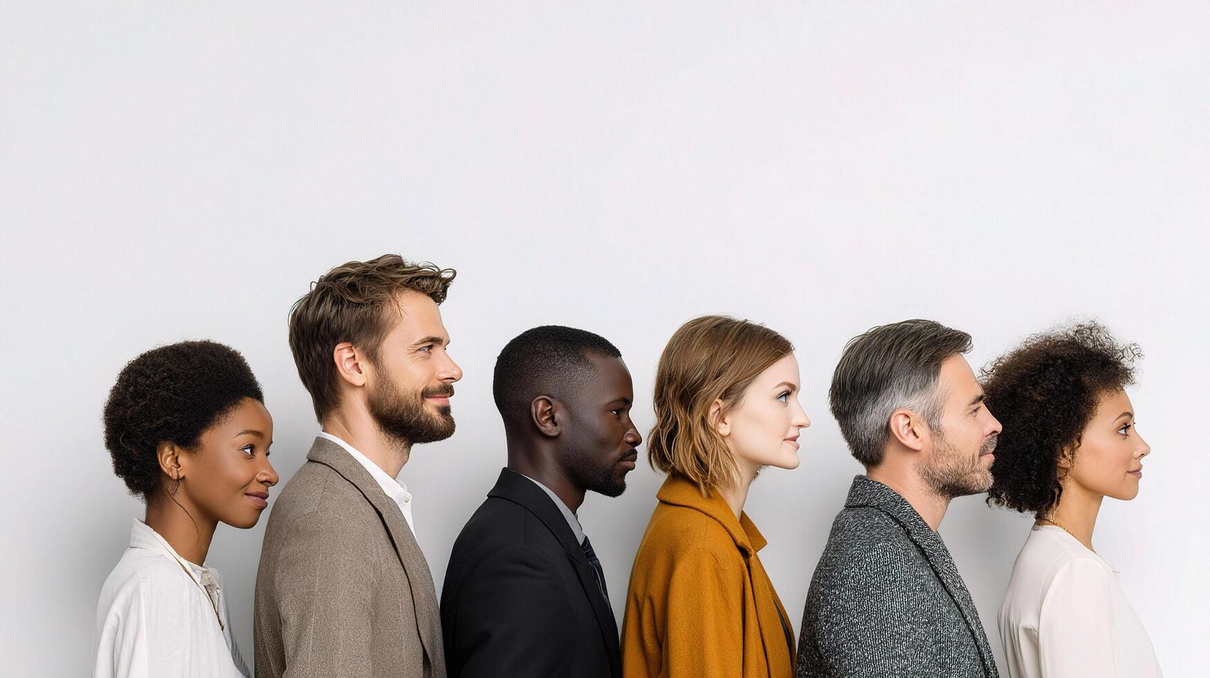 Group of people standing in line against a white wall photo