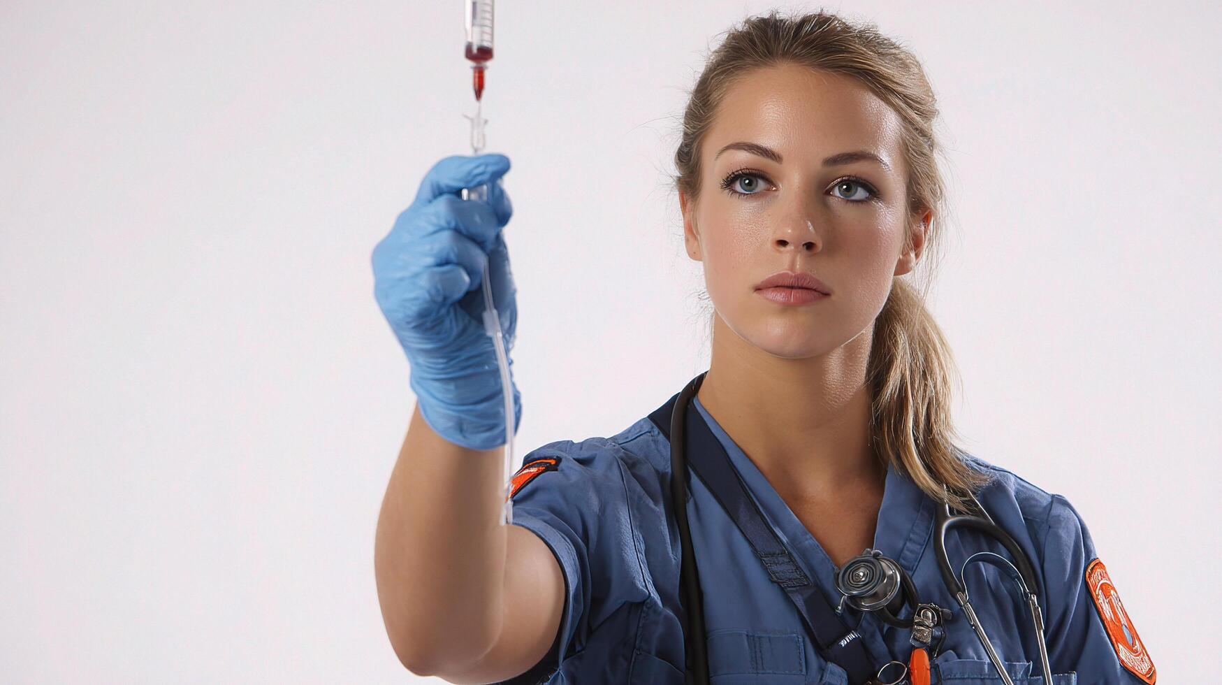 A nurse holding a syringe and a needle photo