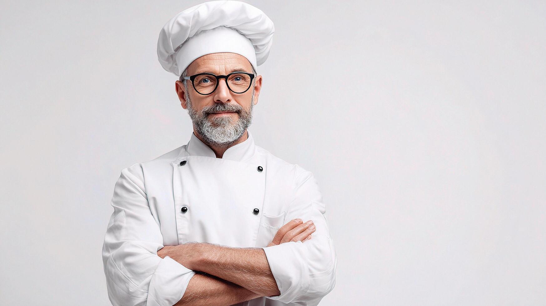 A man in a chef's uniform with his arms crossed photo