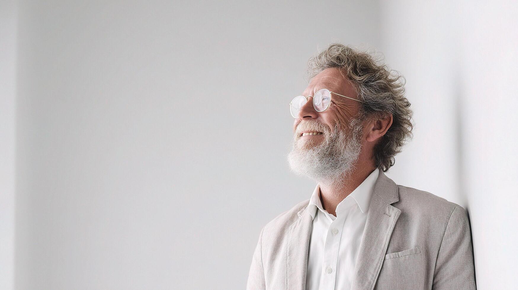 A man with a beard and glasses standing in front of a white wall photo