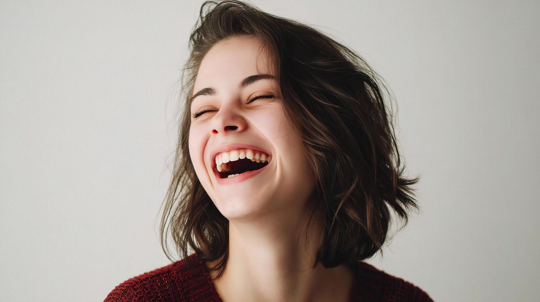 A woman laughing while smiling photo