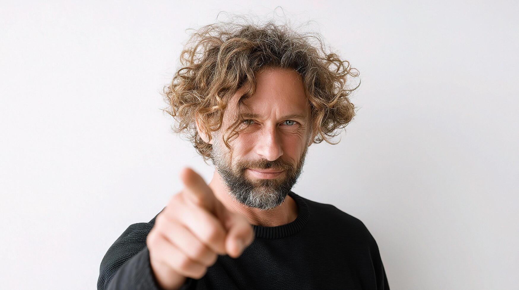 A man with curly hair pointing at the camera photo
