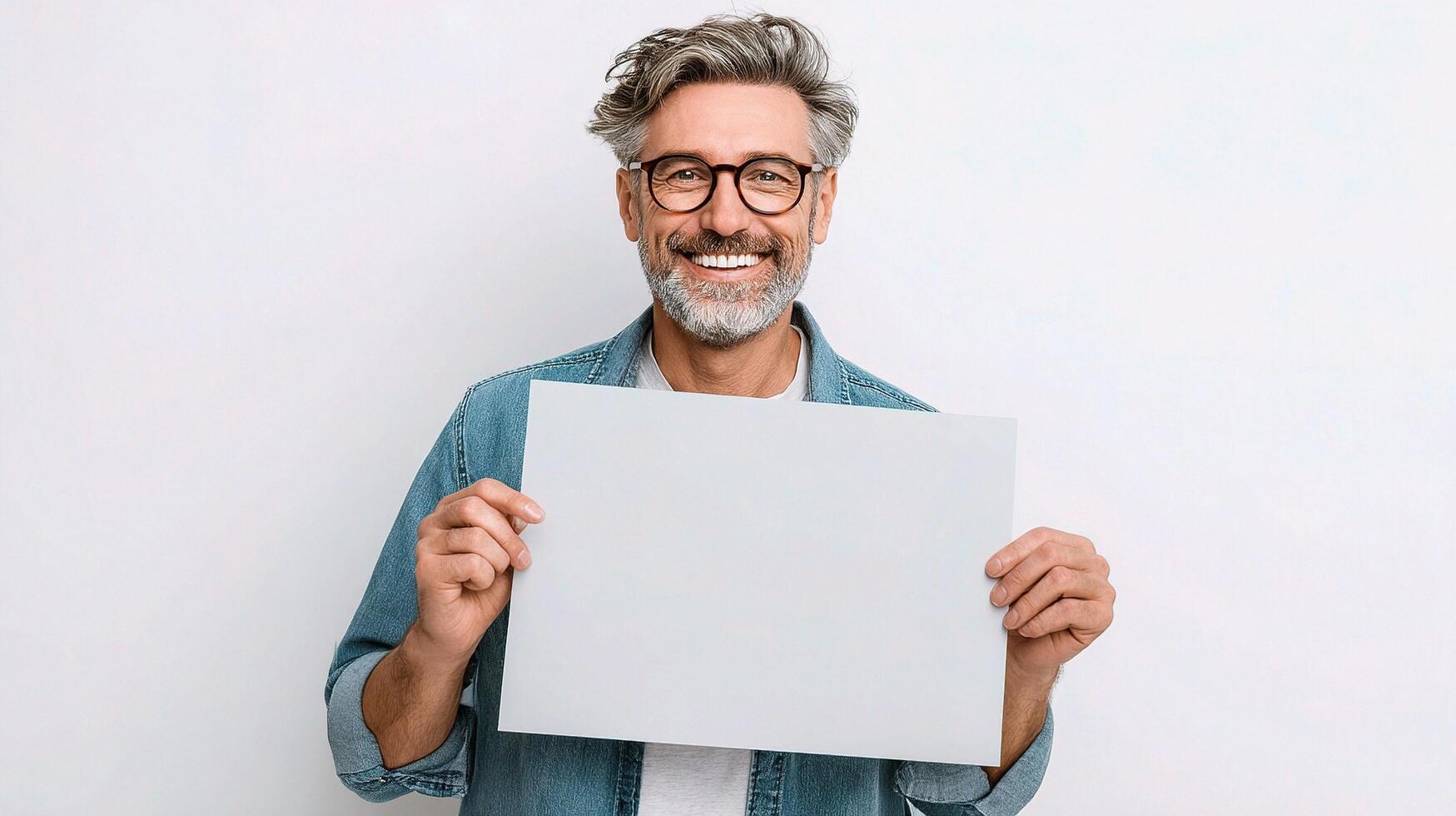 Smiling man holding up blank paper photo