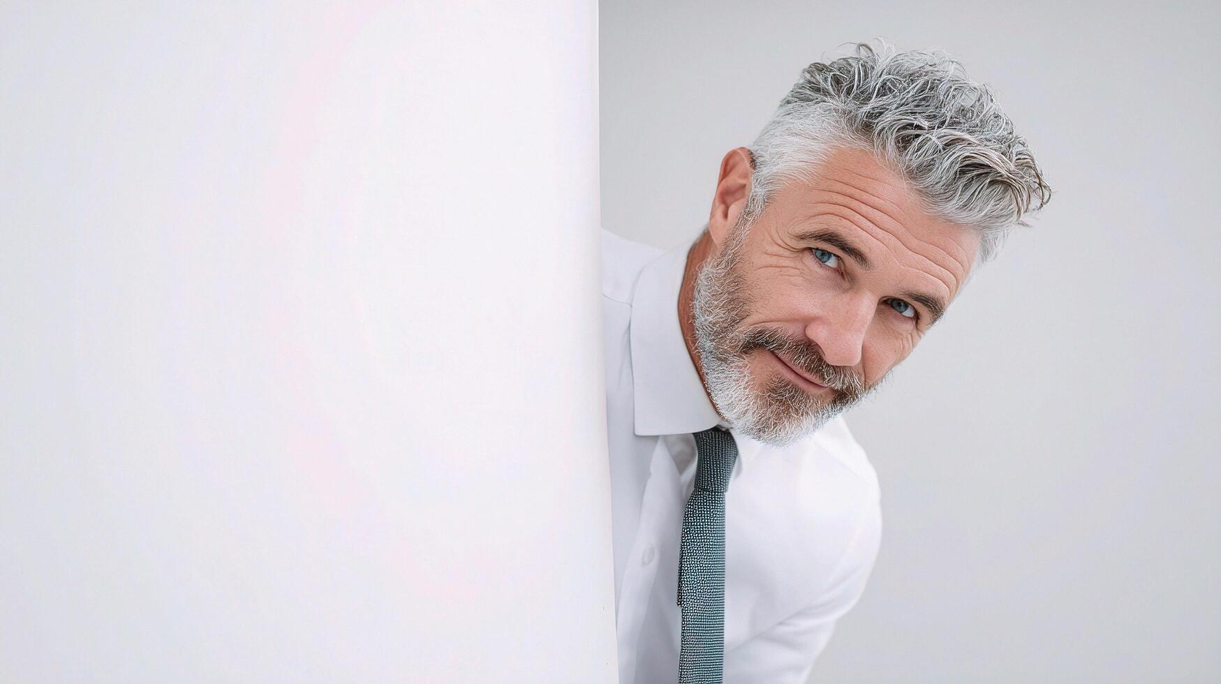 A man with a white beard and tie peeking out from behind a white wall photo