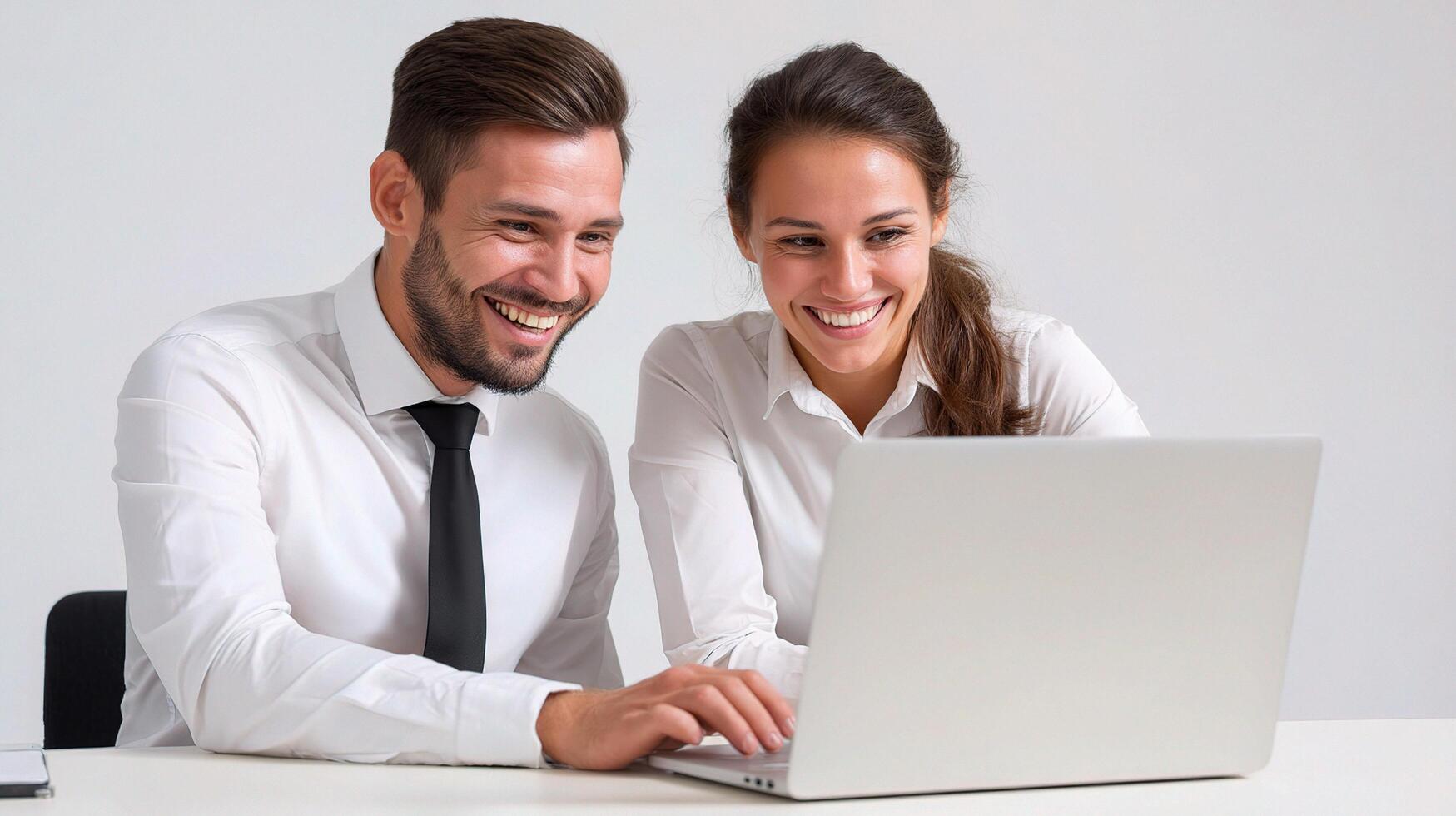 A man and woman in business attire are smiling while using a laptop photo