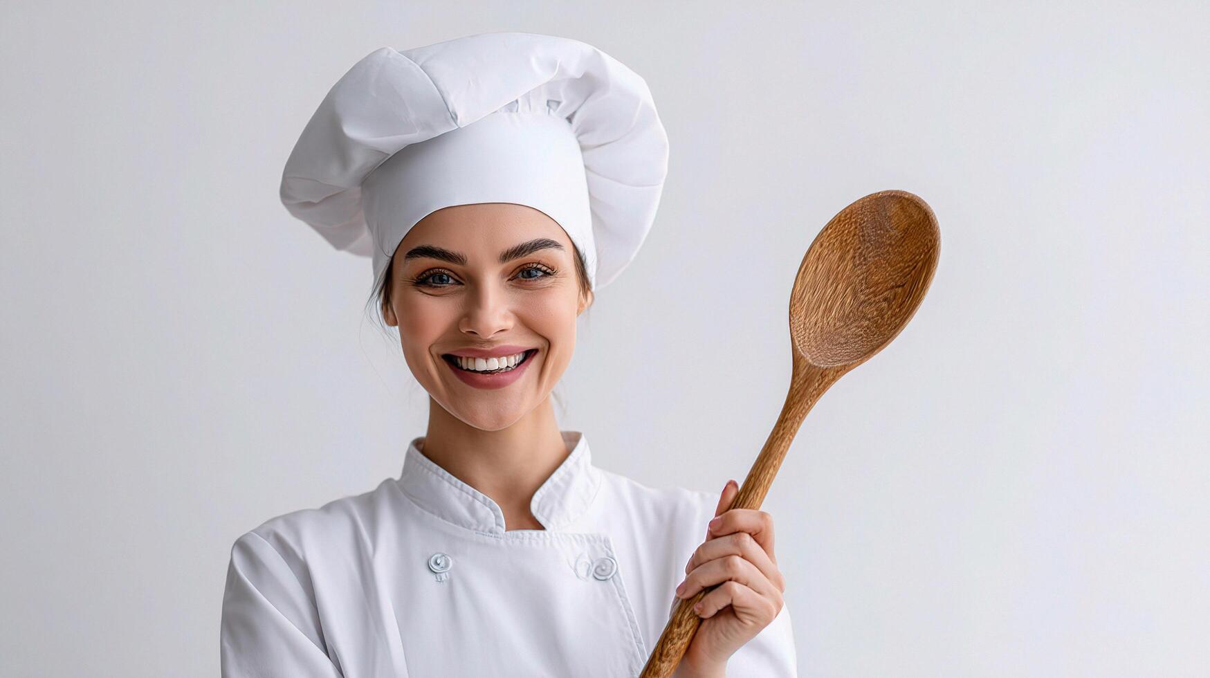 A woman in a chef hat holding a wooden spoon photo