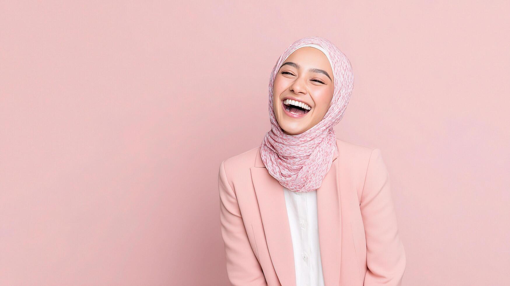 Portrait of a smiling muslim woman wearing hijab on pink background photo