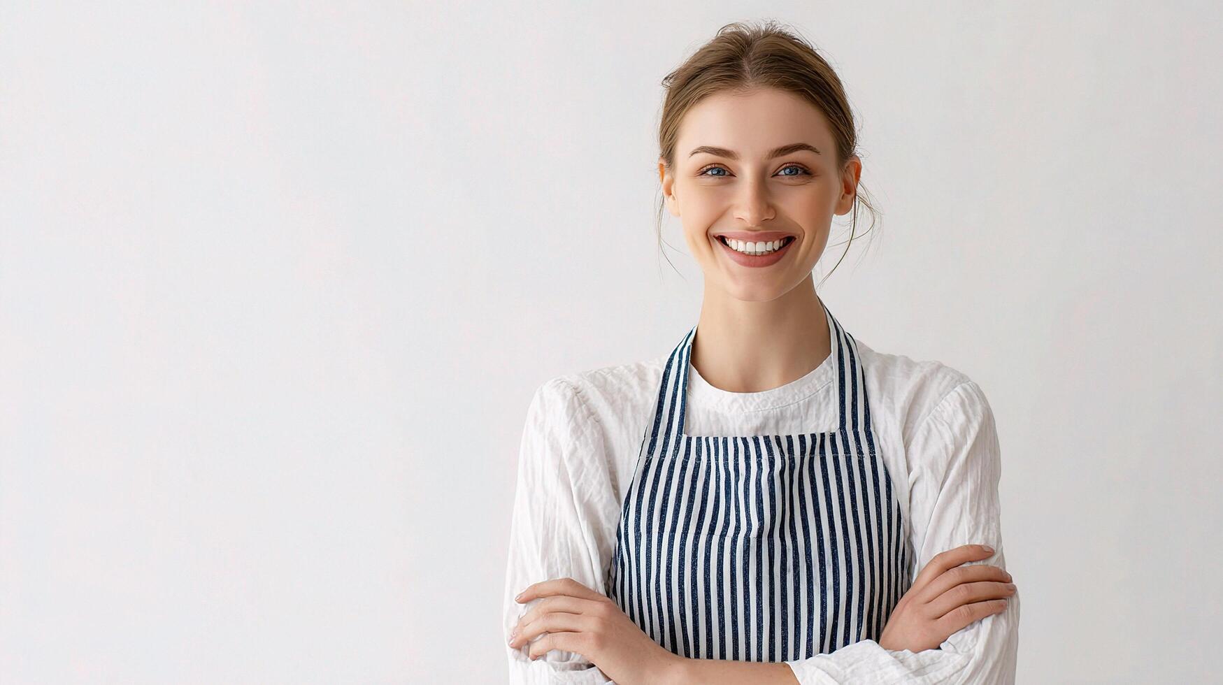 A woman in a striped apron is smiling photo