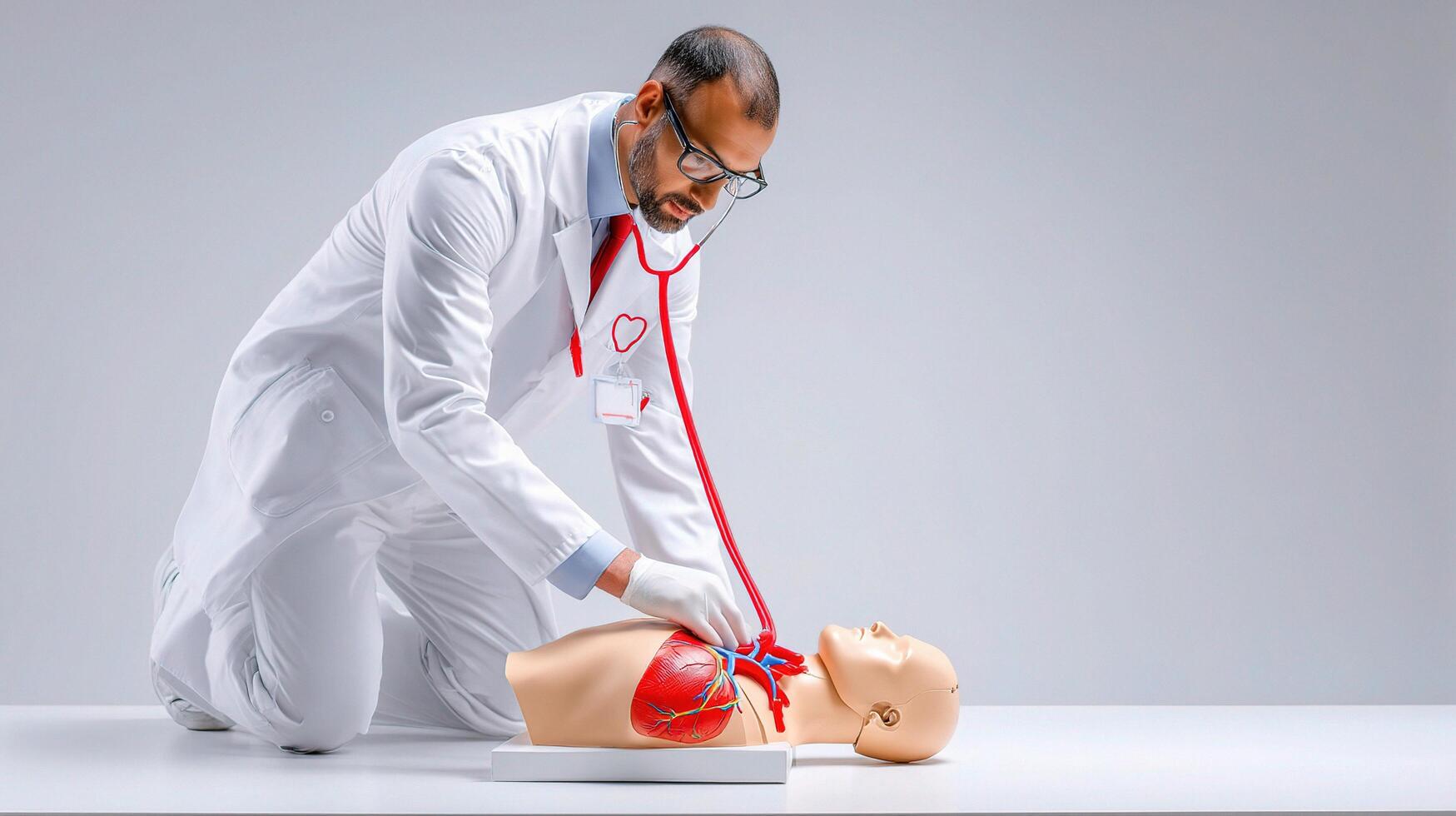 A man in a white coat is using a stethoscope on a dummy photo