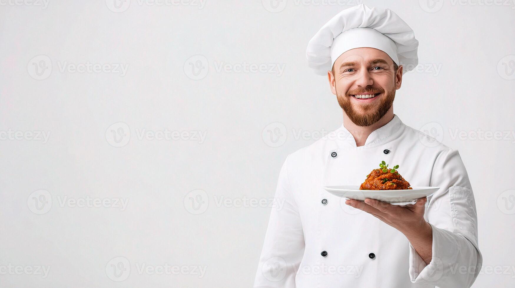 Chef holding plate with food on white background photo