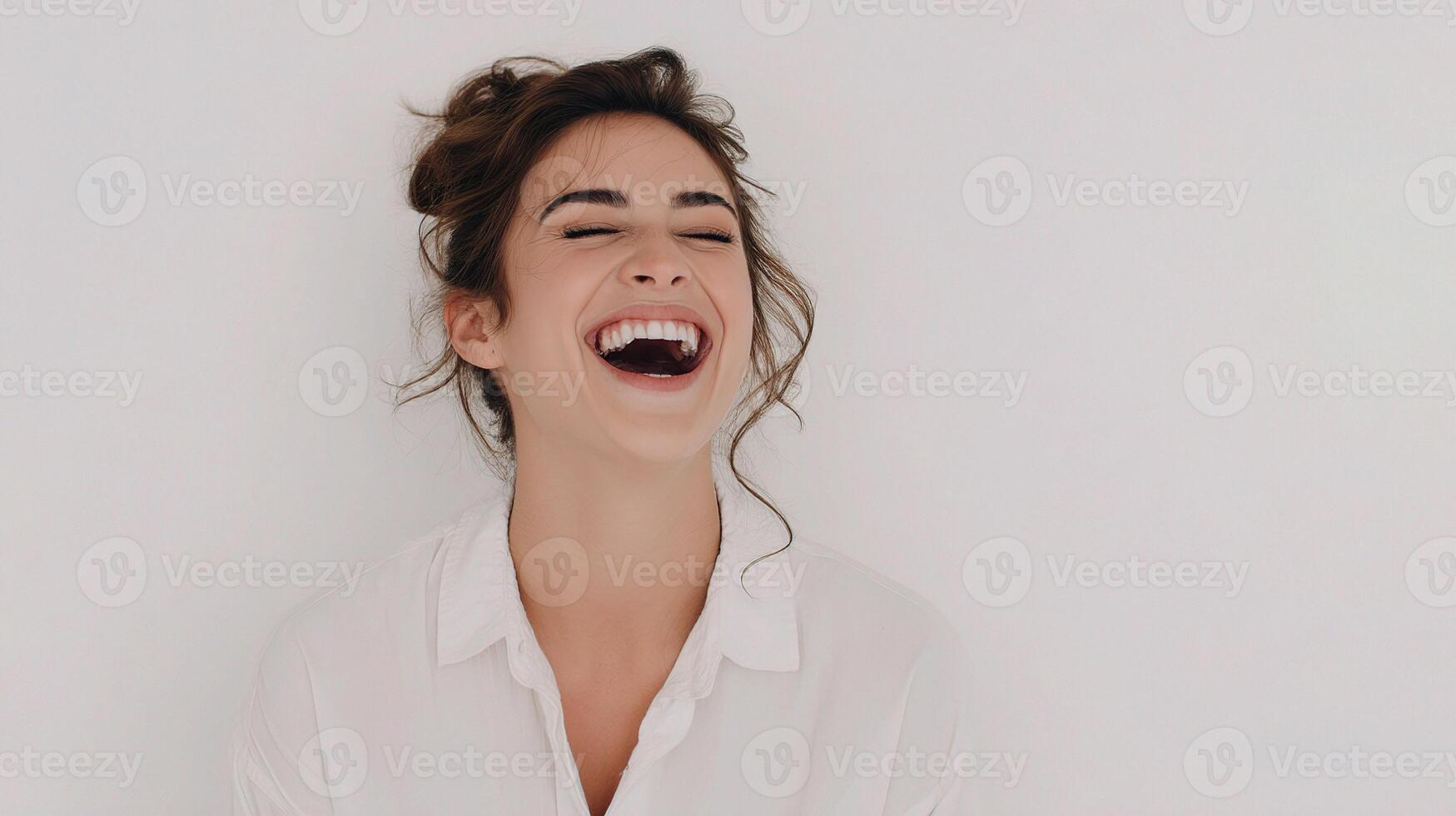 A woman laughing while standing in front of a white wall photo