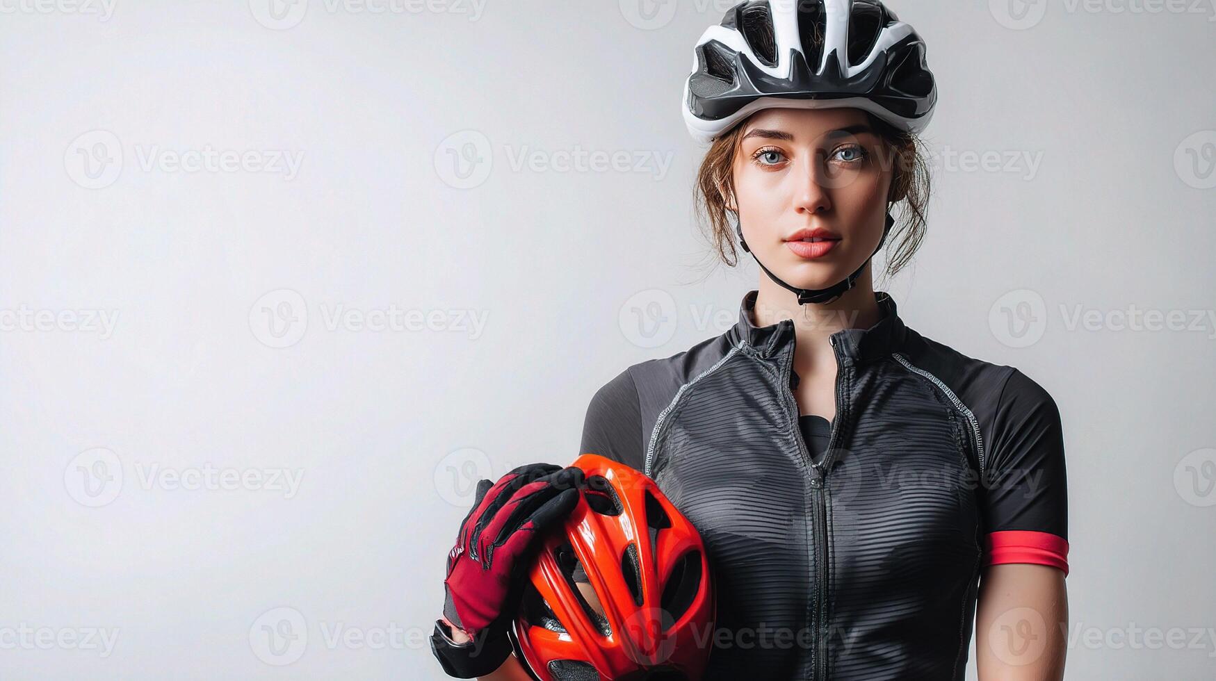 A woman in a cycling helmet and gloves photo