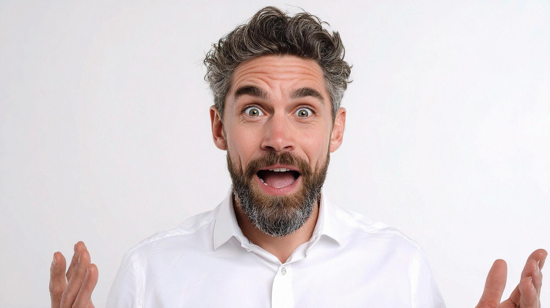 A man with a beard and white shirt is making a surprised face photo