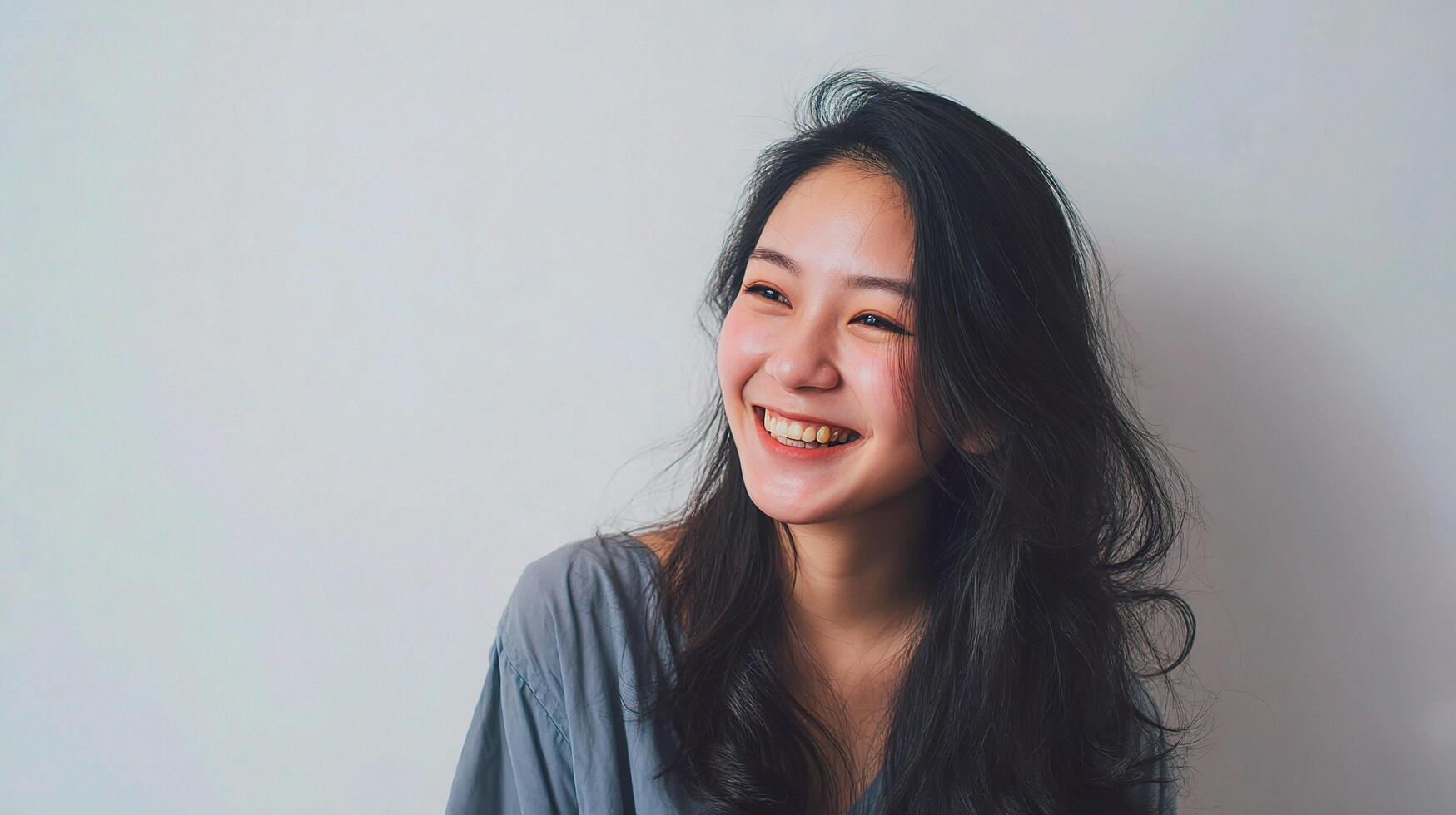 A woman smiling while standing in front of a white wall photo