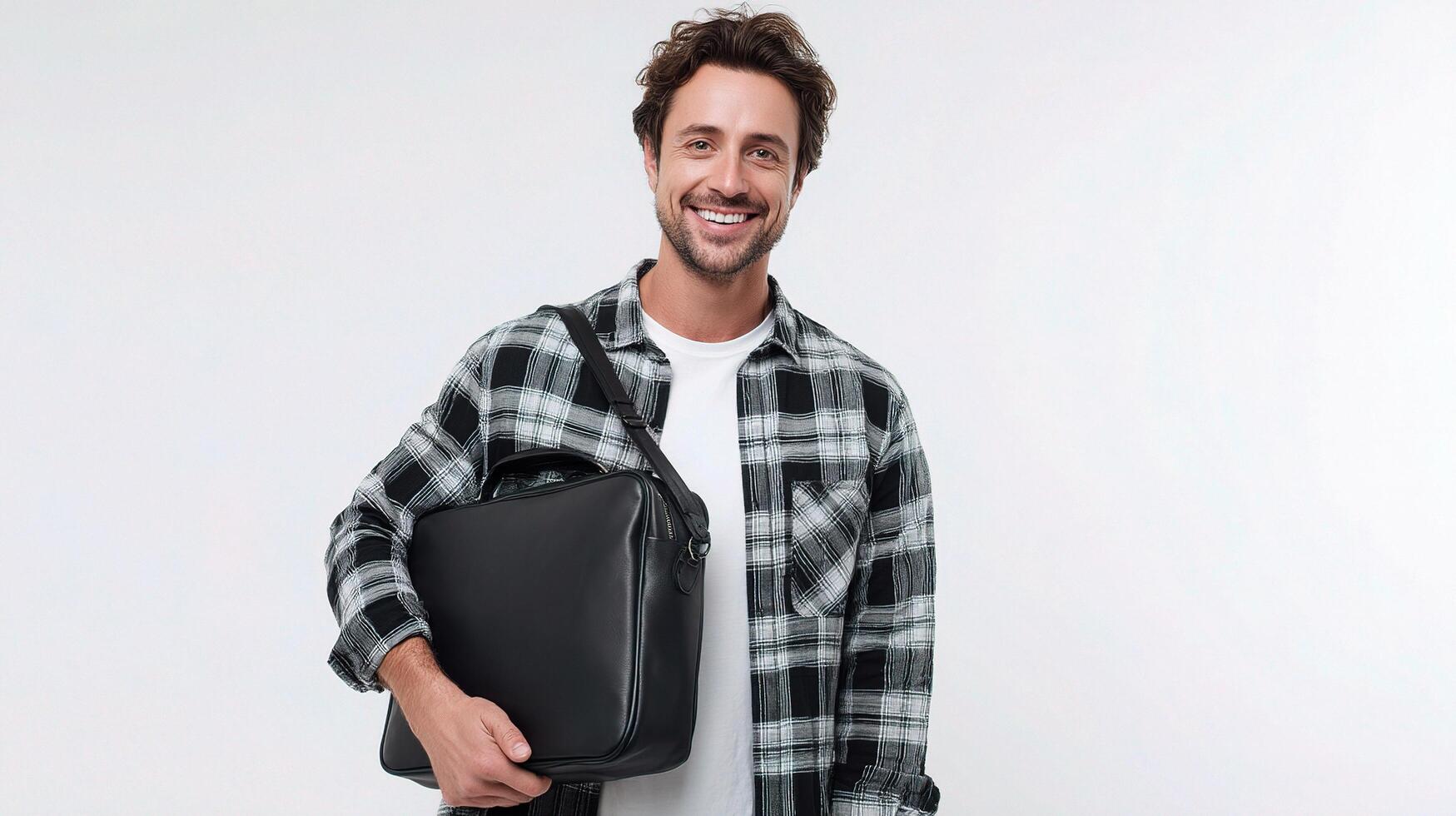 A man is holding a laptop and smiling photo
