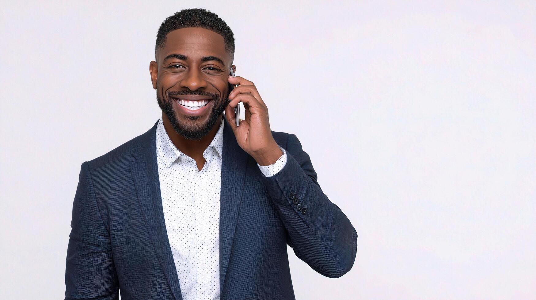 A smiling black man in a suit talking on a cell phone photo