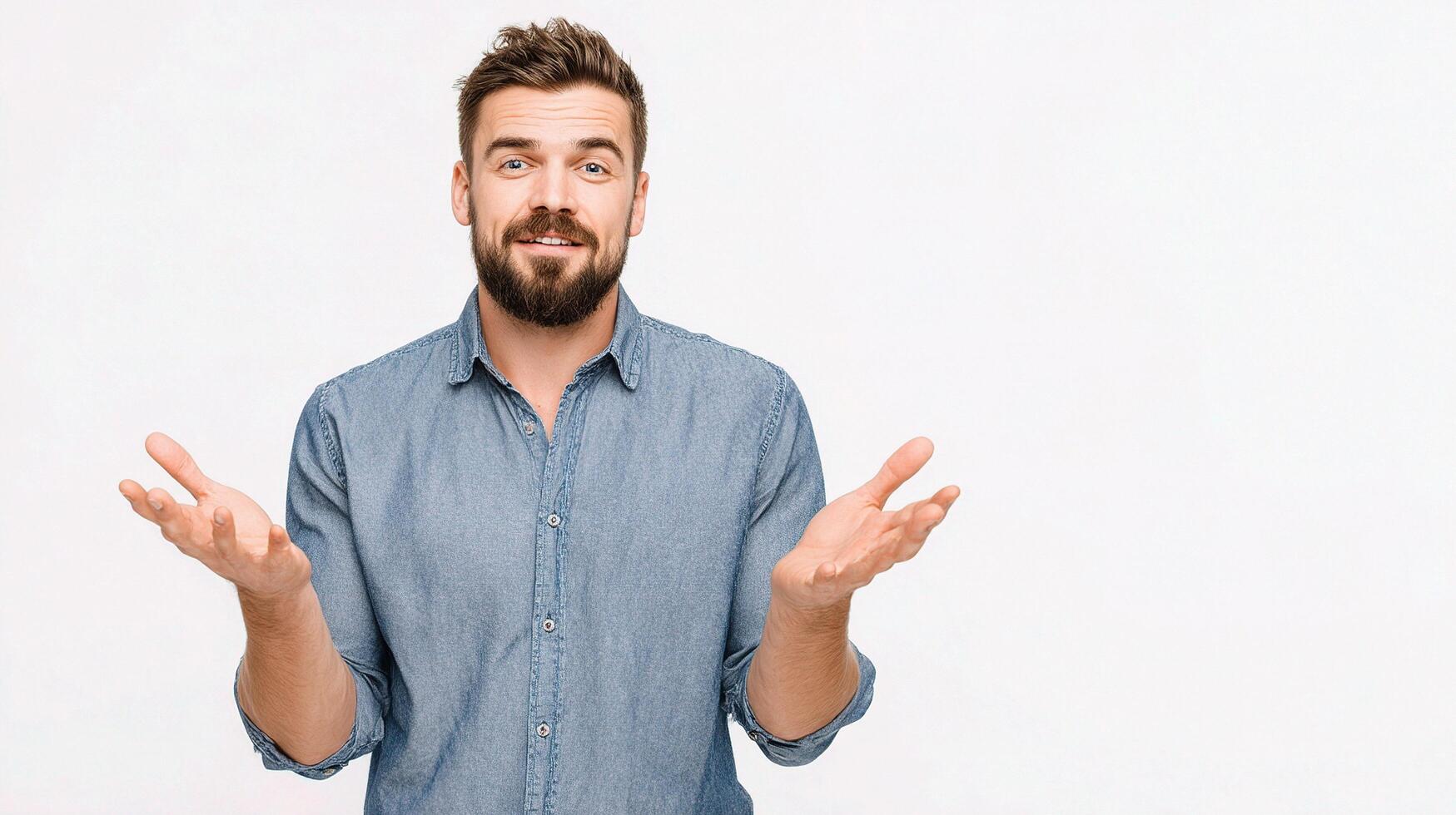 A man with a beard and shirt is making a gesture photo