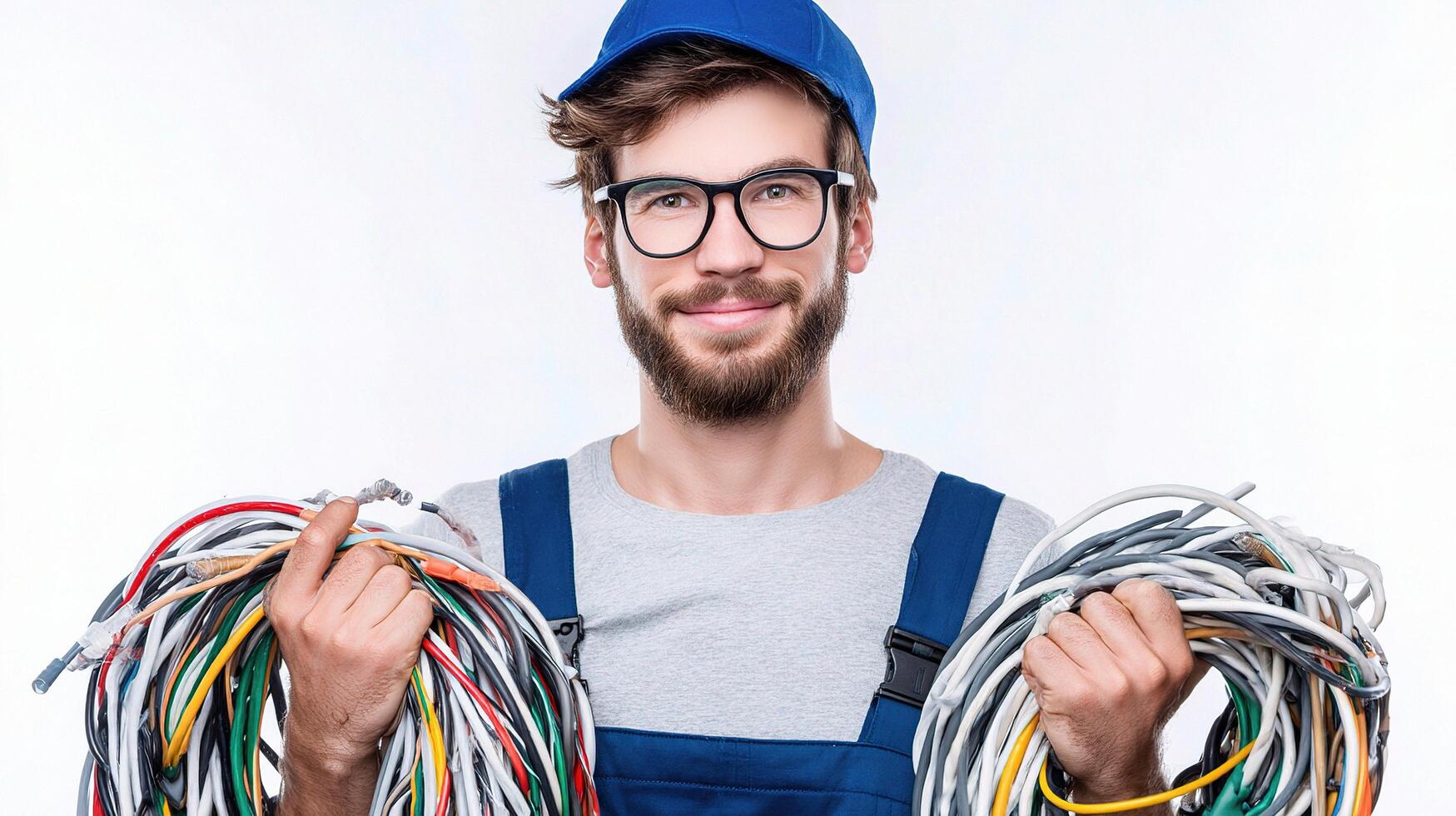 A man in overalls holding a bundle of wires photo