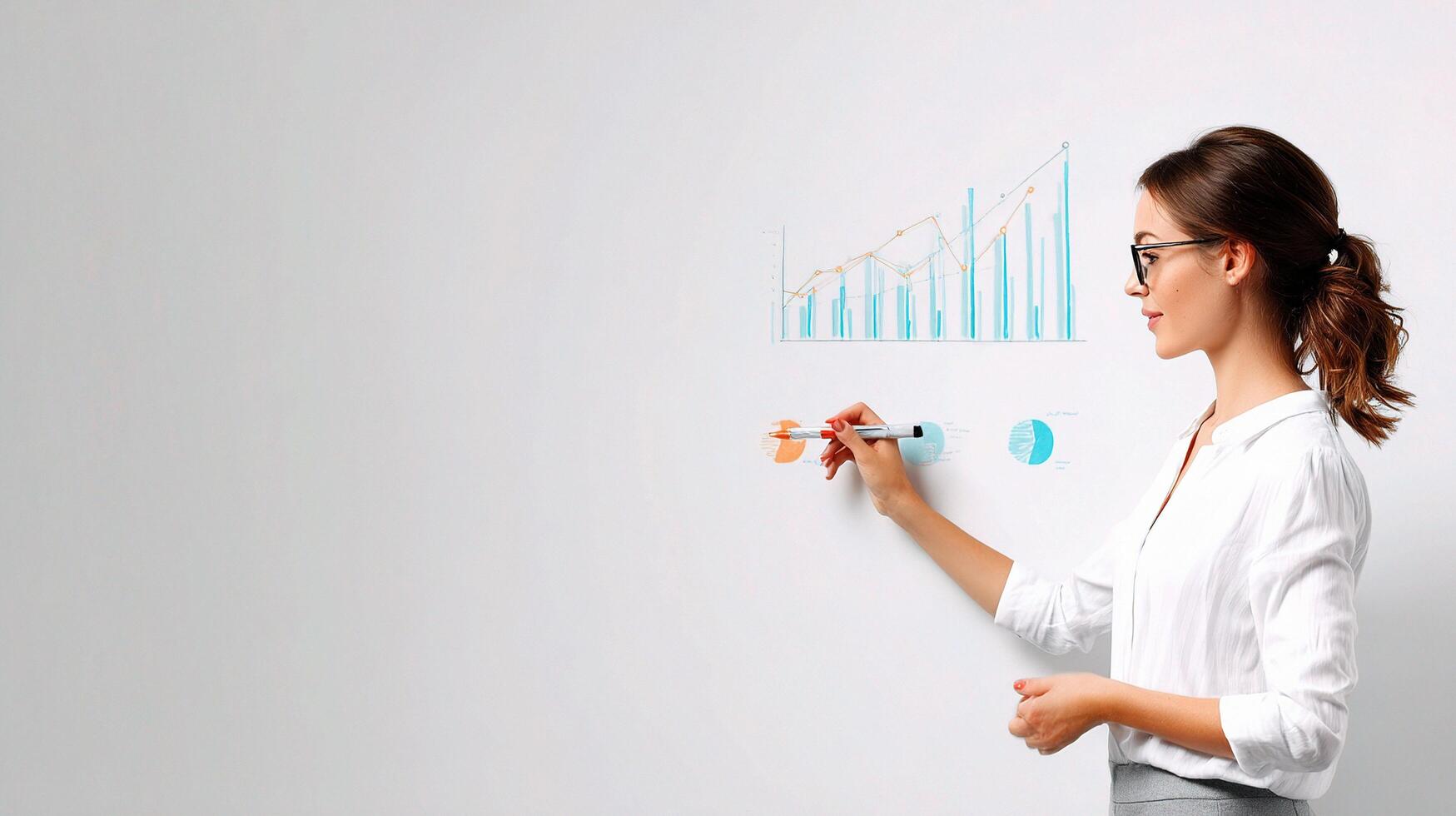 A woman in glasses writing on a white board photo