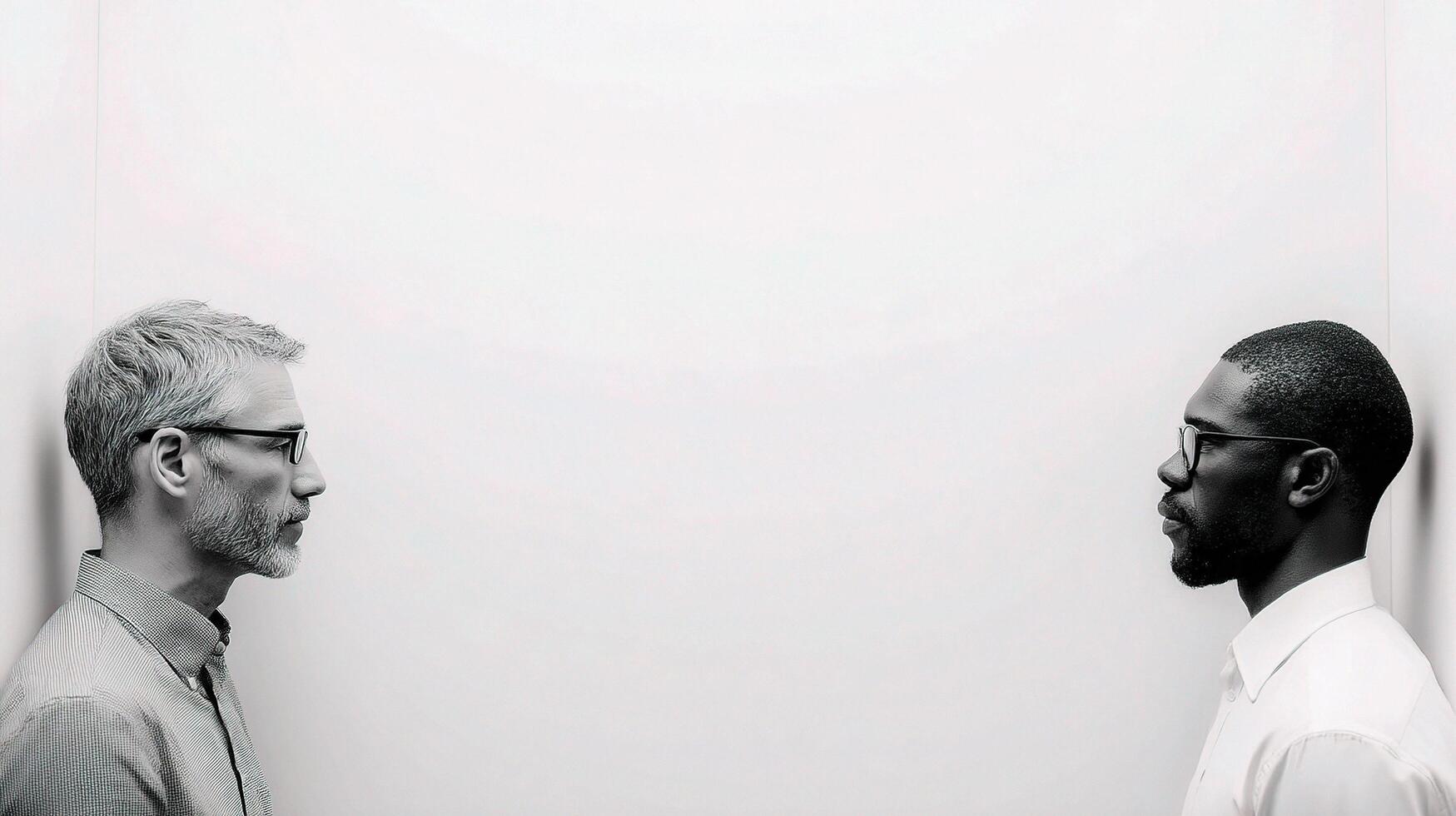 Two men standing in front of a white wall photo