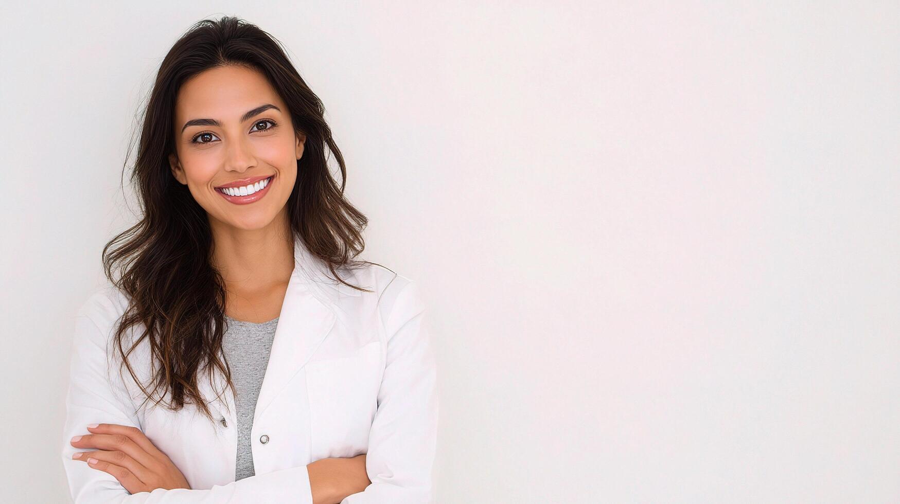 A woman in a white lab coat is smiling photo