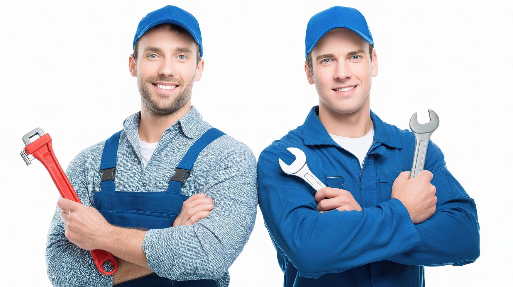 Two men in blue overalls holding wrenets photo