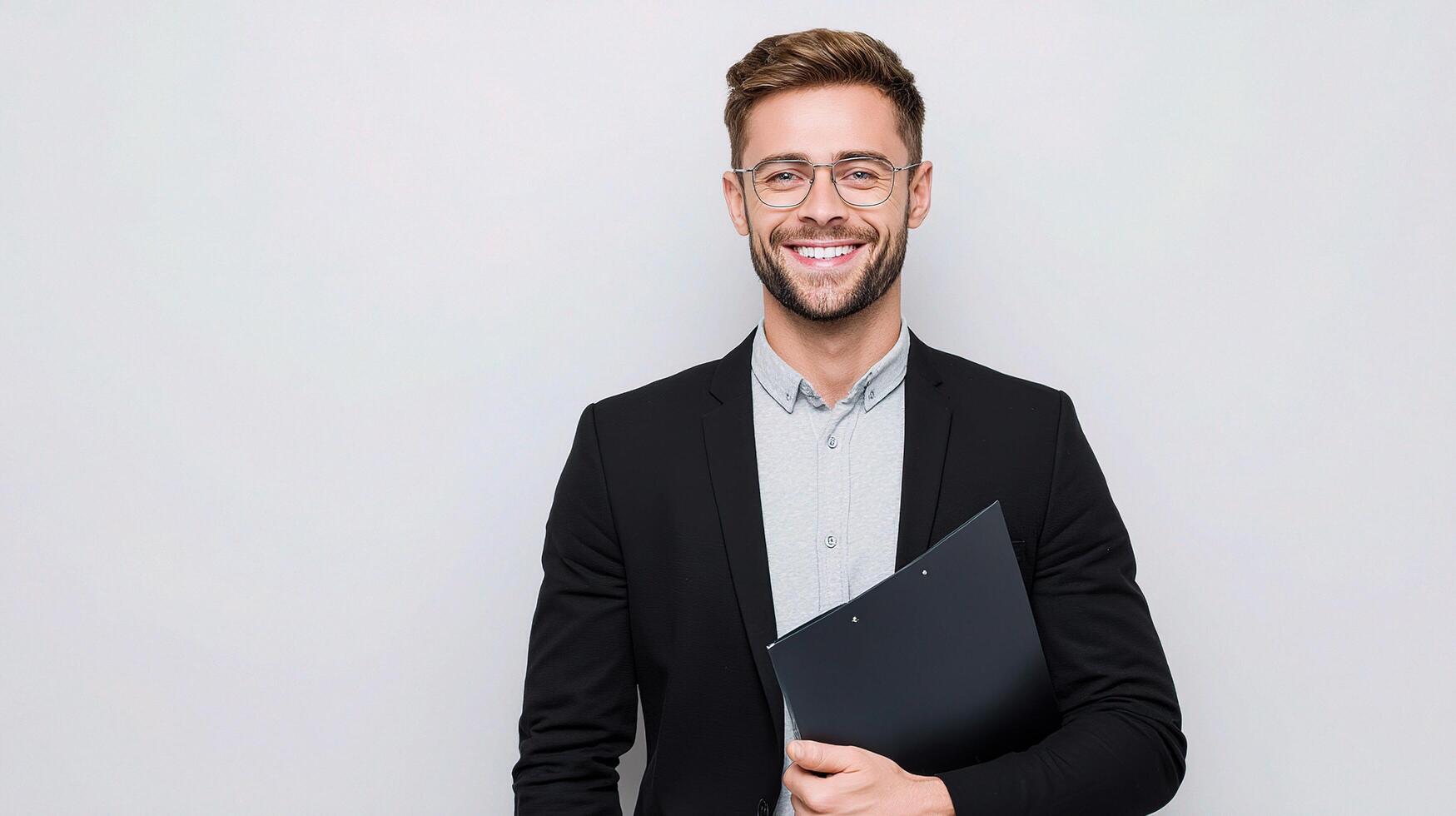 Portrait of a smiling young man holding a folder over white background photo