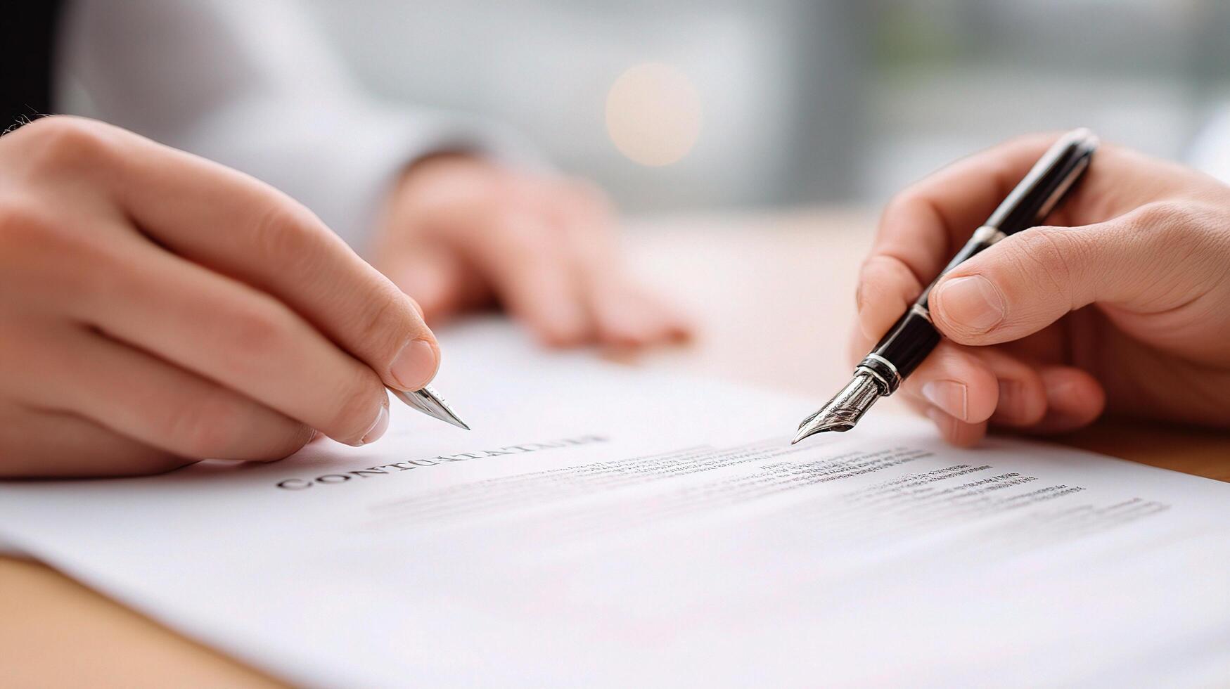 Two people signing a contract on a table photo