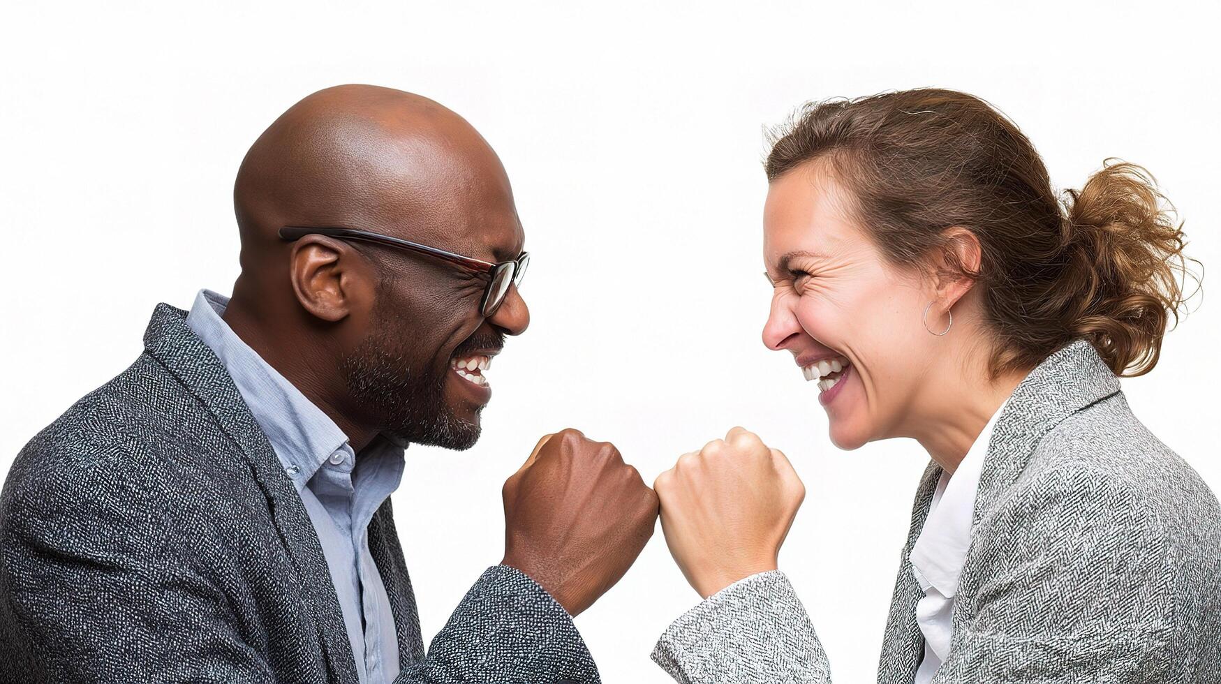 Two people in business attire are fist bumping photo