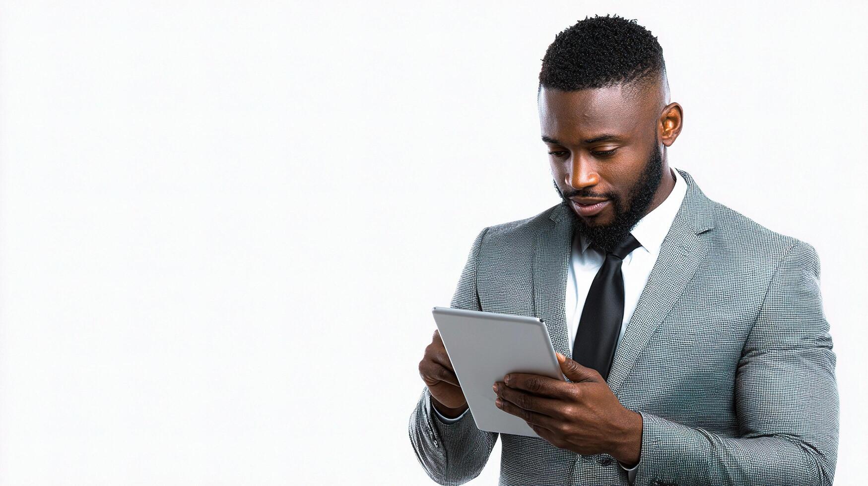 A man in a suit is using a tablet photo