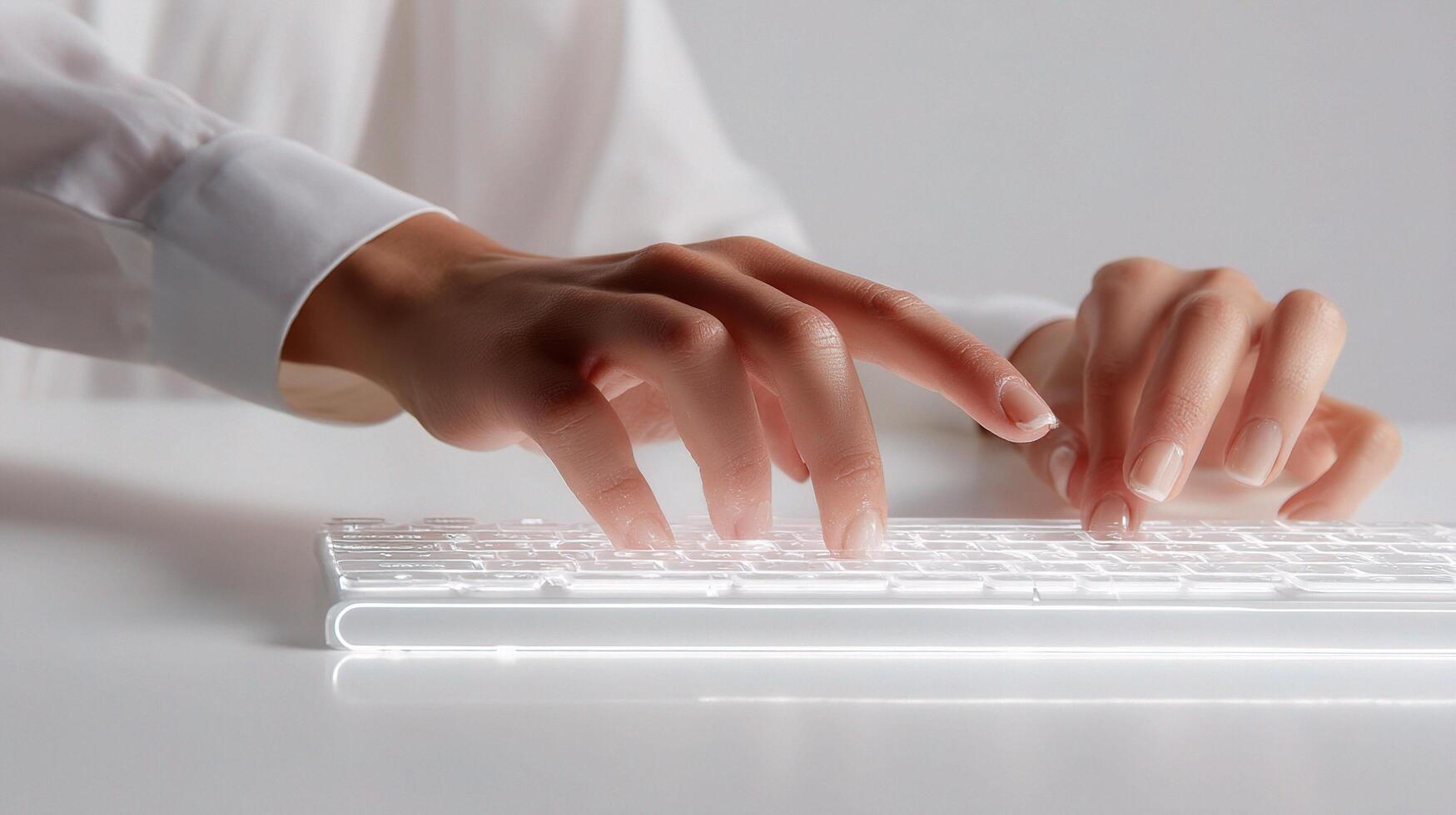 A person typing on a white keyboard photo