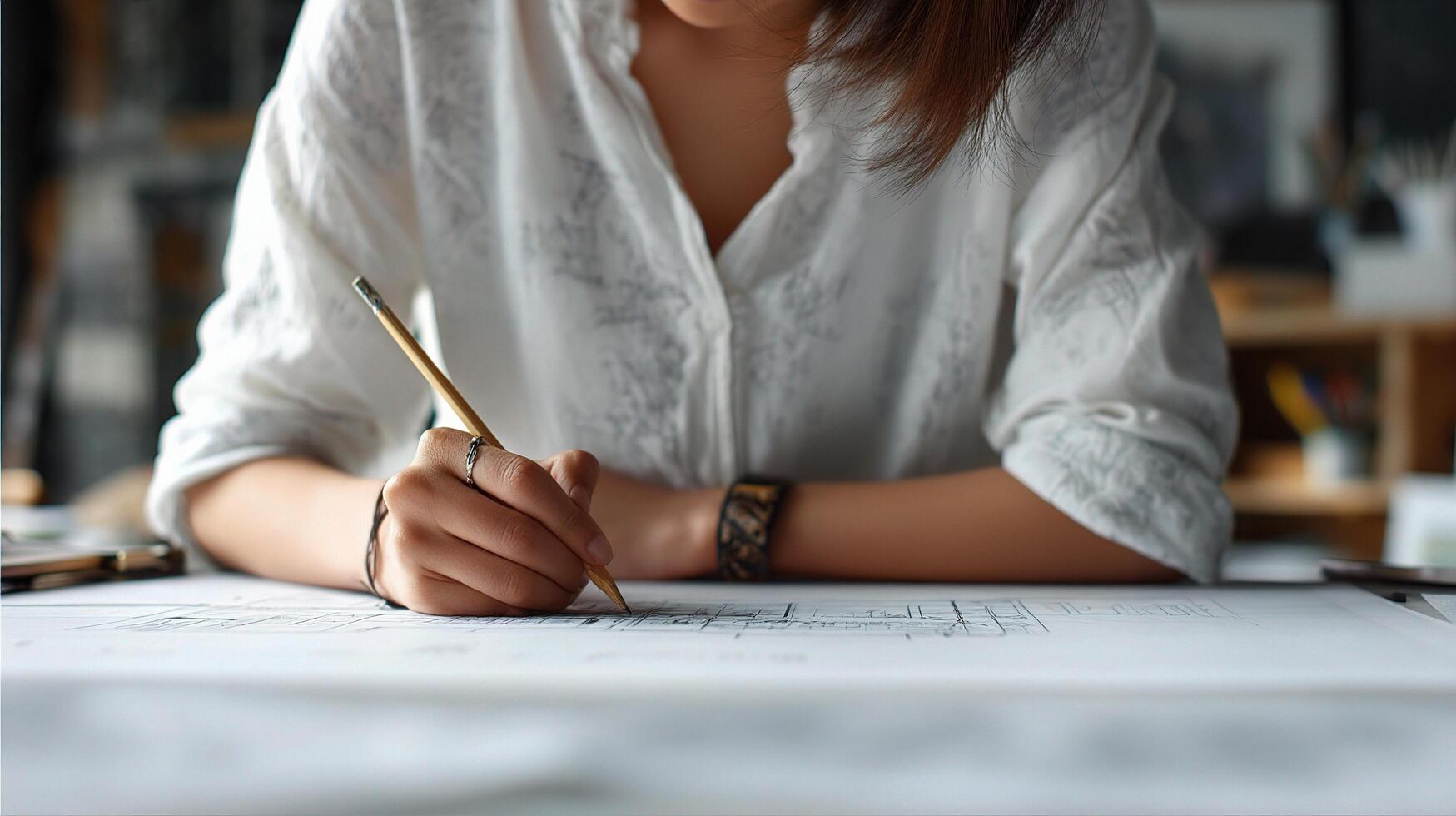 A woman is writing on a piece of paper while holding a pencil photo