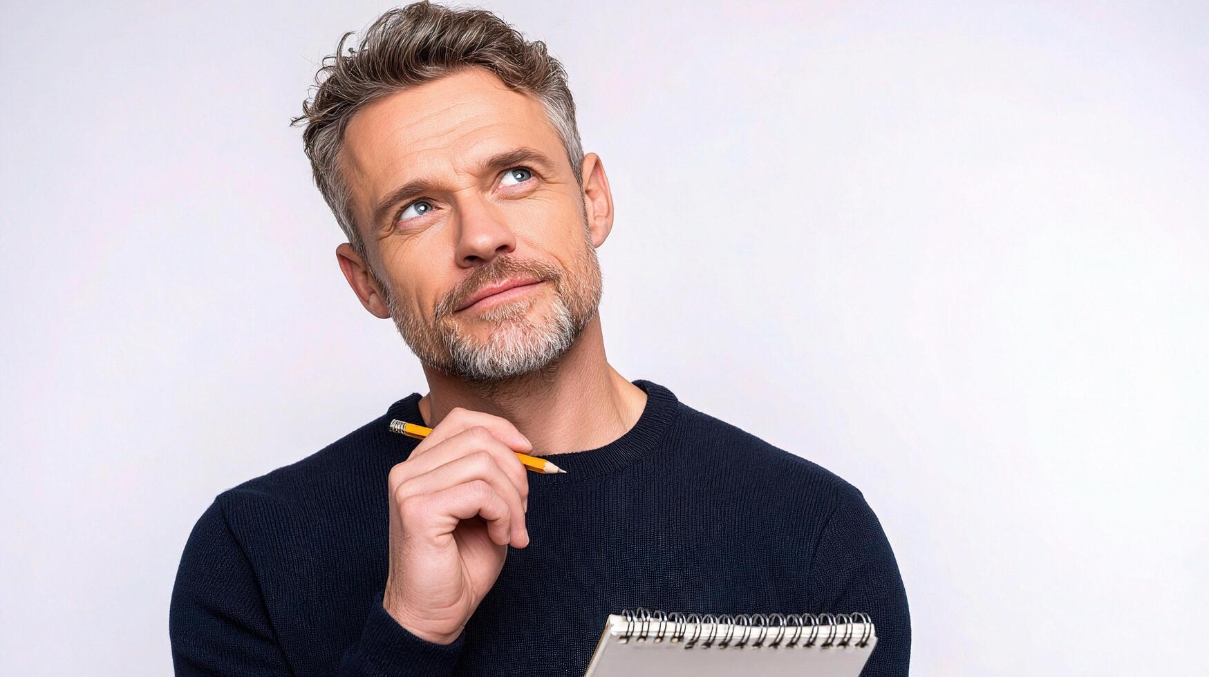 A man with a beard and a notebook looking up photo